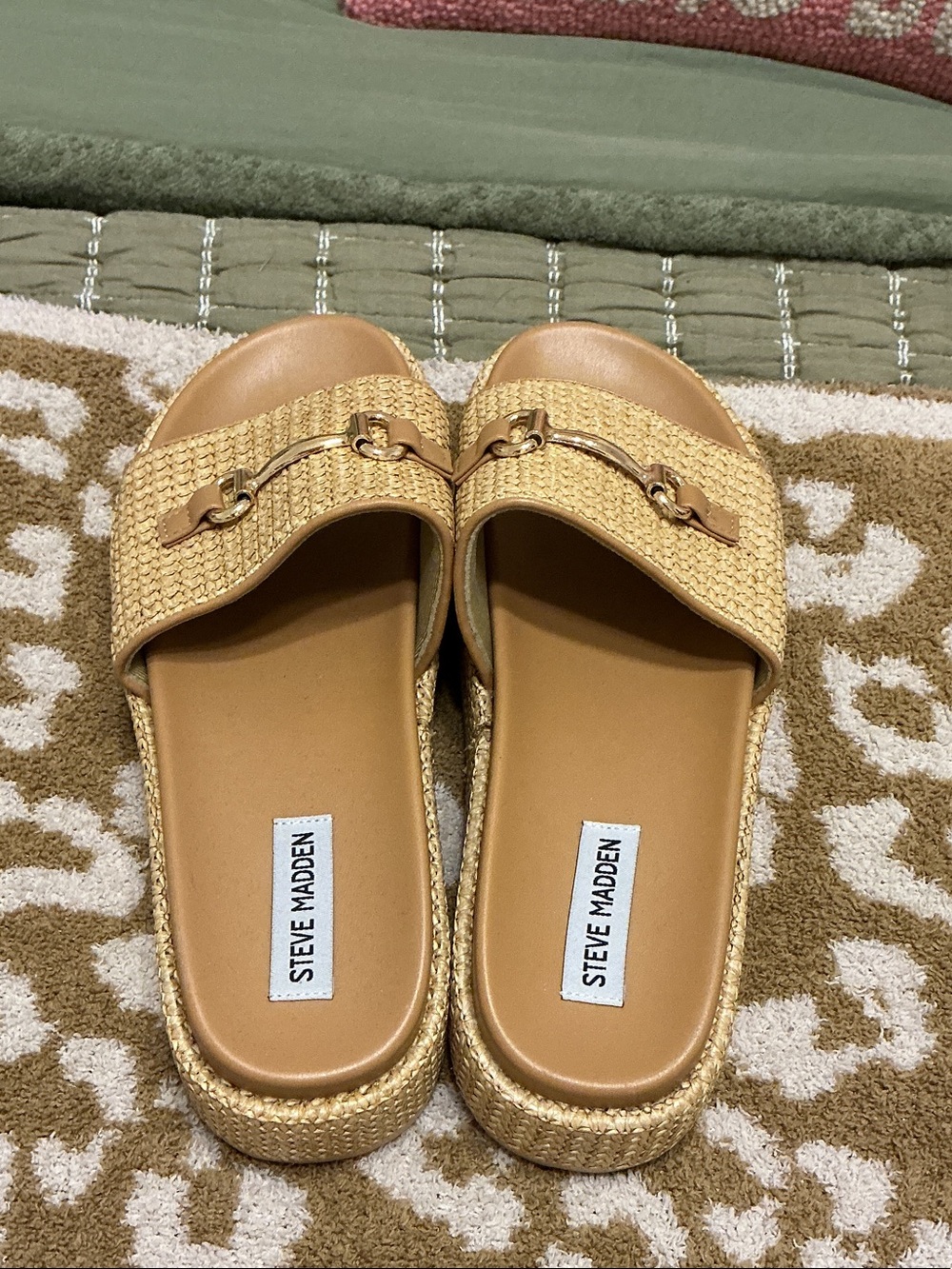 Steve Madden Natural Woven Platform Slide Sandals with Gold Accent - Picture 3 of 4